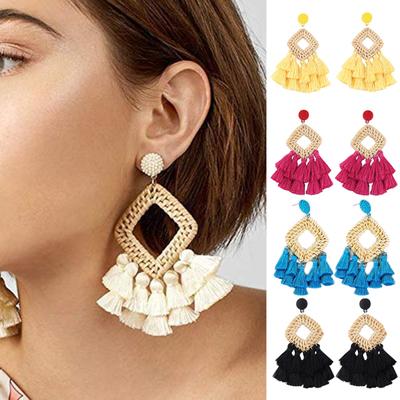 Boho Women Hollow Rhombus Rattan Woven Tassel Statement Dangle Stud Earrings