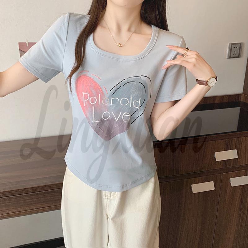 2026 Summer Plus Size Women s Korean Heart Pattern Square Neck T-shirt L синий