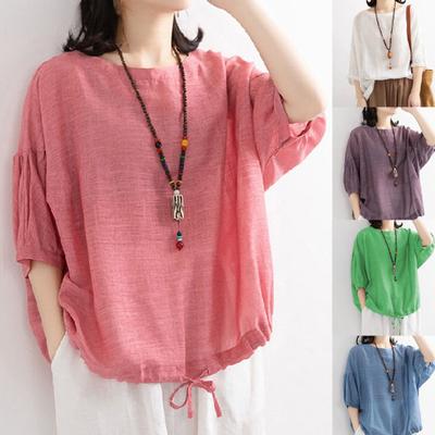 Blouse Half Sleeve Breathable Cotton Flax Female Bat Shirt Hem Clothing for Daily Wear