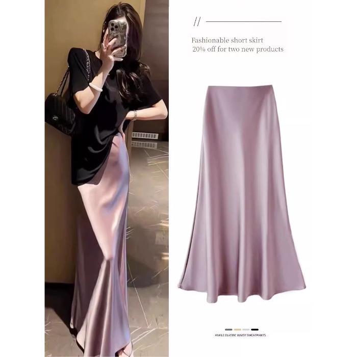 Enhanced Autumn High-Waisted Slimming Midi Skirt for Women in Acetate Satin Fabric. Please view the product before ordering.