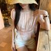 New Lace Spliced Puff Sleeve Chiffon Blouse for Women, Summer Tencel Ramie Short Top