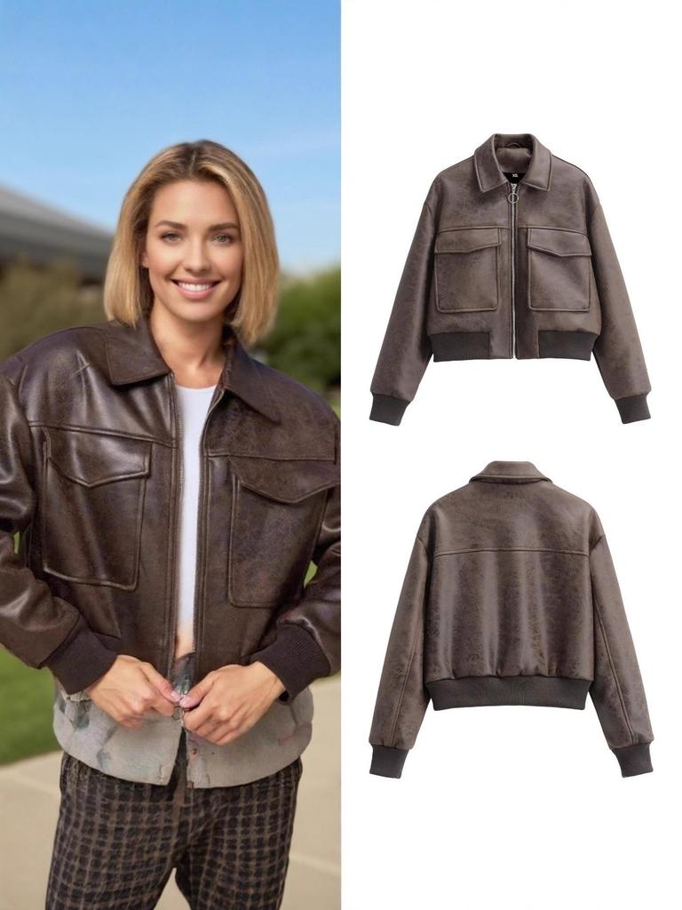Women's 2025 Autumn Stylish Faux Leather Pilot Jacket with Large Pocket Detail