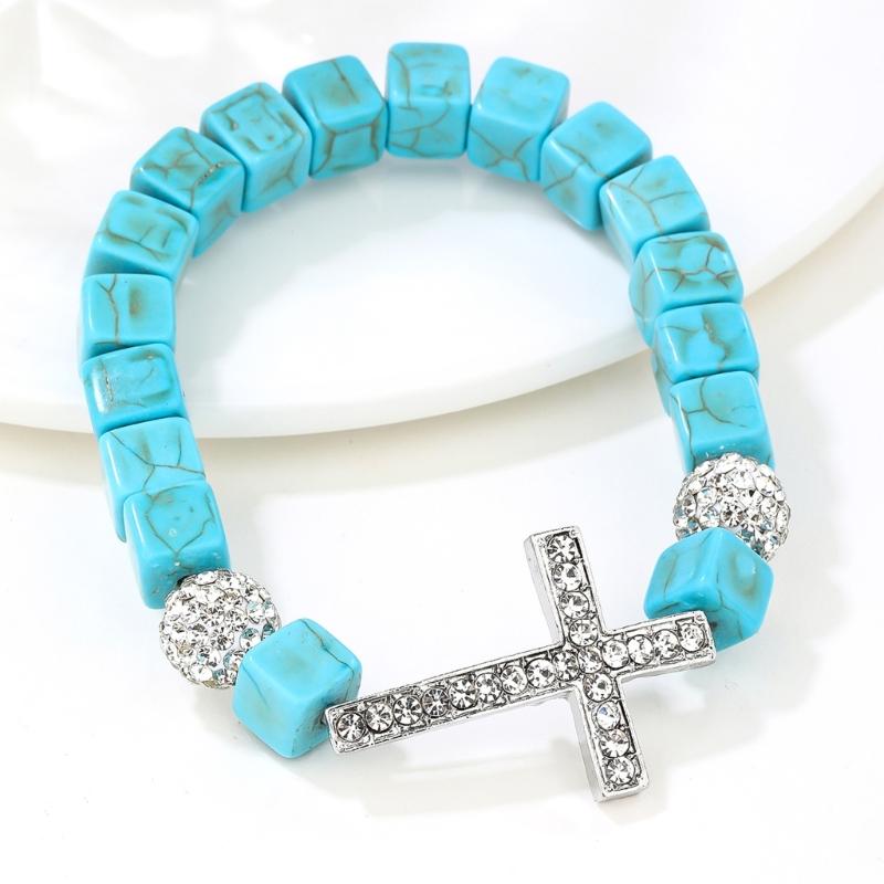 Flexible Crosses Designs Bracelet Irregular Turquoise Beads Stretchable Metal Jewelry Unisex Fashion Gift