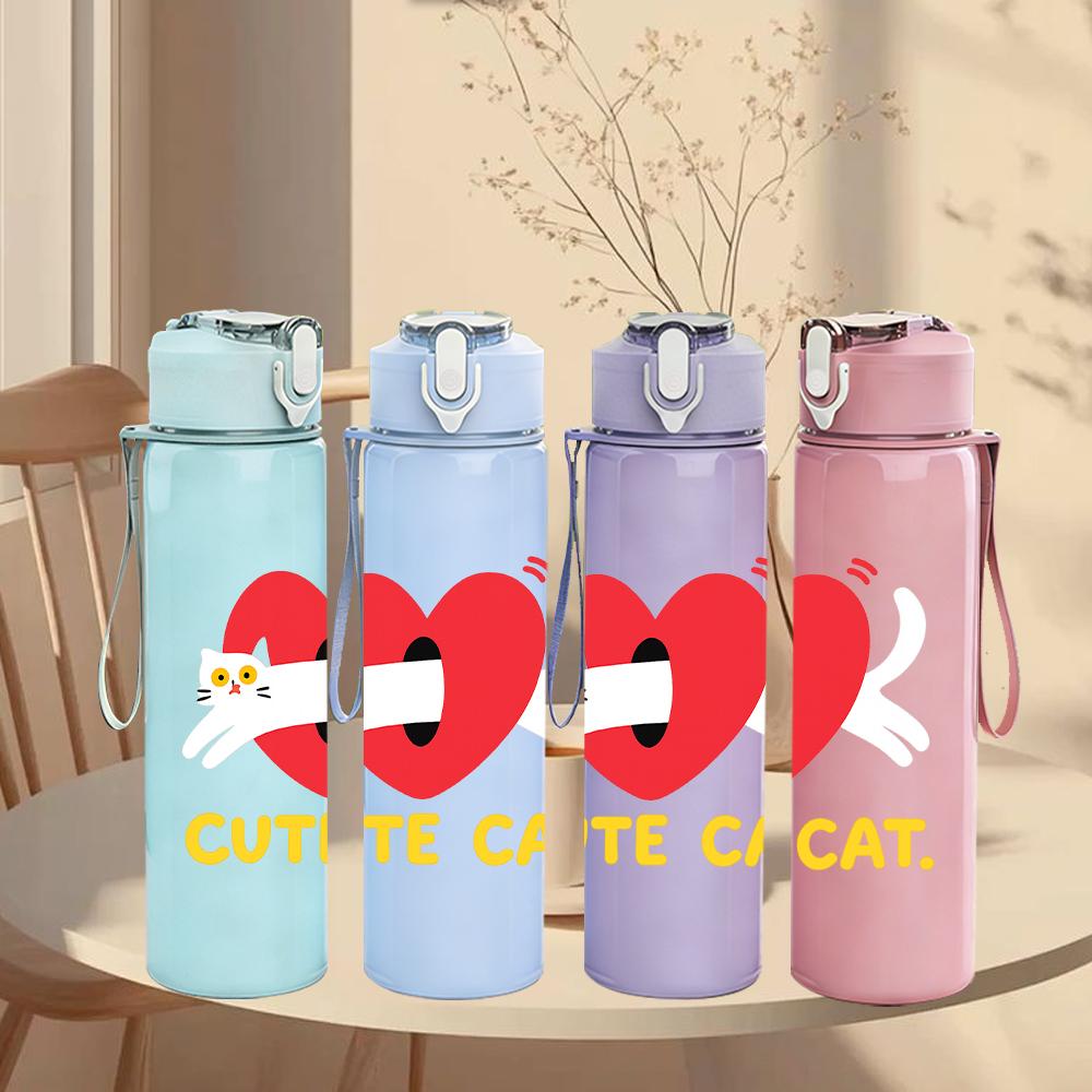 1PC Red Heart Cute Cat Mark 750ml Color Plastic Sports Water Bottle Leakproof Flip Straw Lid For Sports Office Home Use