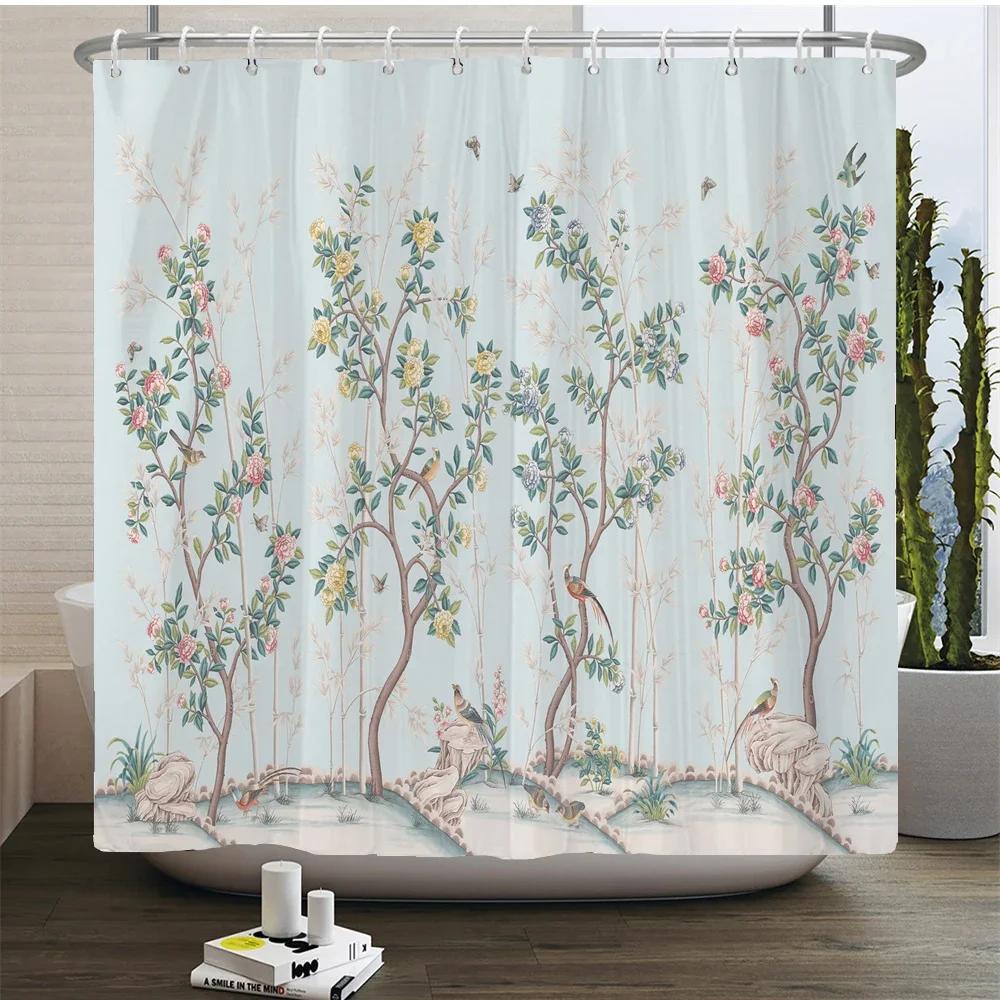 Plant Flowers and Birds Shower Curtain 180x180cm Floral Printed Shower Curtain Polyester Bath Curtain Bathroom Decor With Hooks