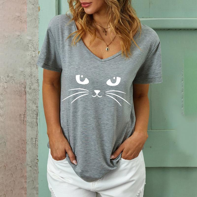 Women's Casual T-shirt Top New V-neck T-shirt Loose Short Sleeved 3D Digital Printed Cat Pattern T-shirt