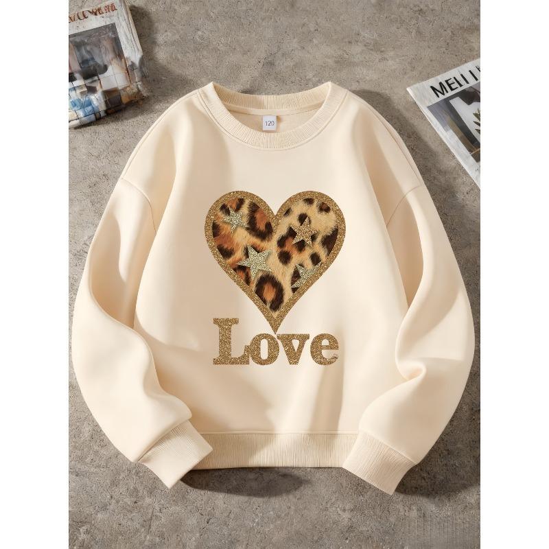 Kids Unisex Black Crewneck Sweatshirt, Glitter Leopard Heart Star Love Print Long Sleeve Pullover, Soft Sweatshirt for Boys Girls Over 4 Years Old