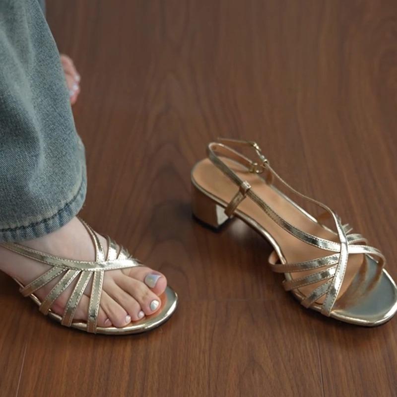 Sheepskin Version~ Summer Temperament Outer Wear Medium Heel Strap Sandals Women's Head Open Toes with Skirt Casual High Heels