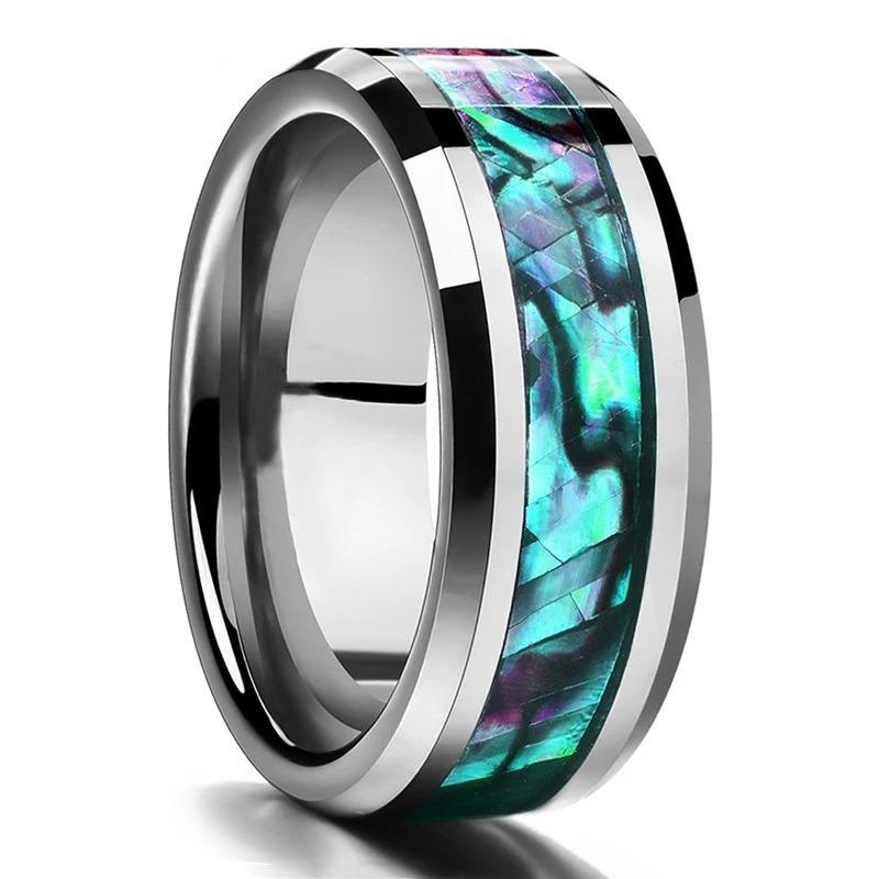 8mm Black Titanium Wedding Ring for Men Women Colorful Abalone Shell and Blue Opal Inlaid Ring Men Wedding Party Jewelry