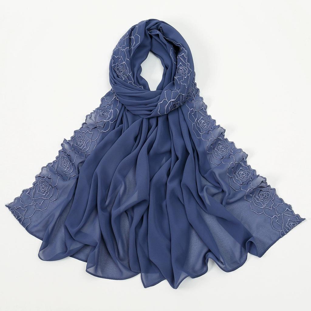 Malaysia Indonesian Embroidered Chiffon Headscarf Shawl Turban Head Wraps High-Quality Breathable Ladies' Scarf 75*180cm