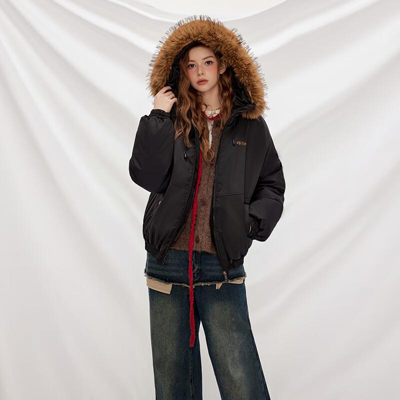 UNIFREE American Retro Hooded Padded Jacket with Fur Collar