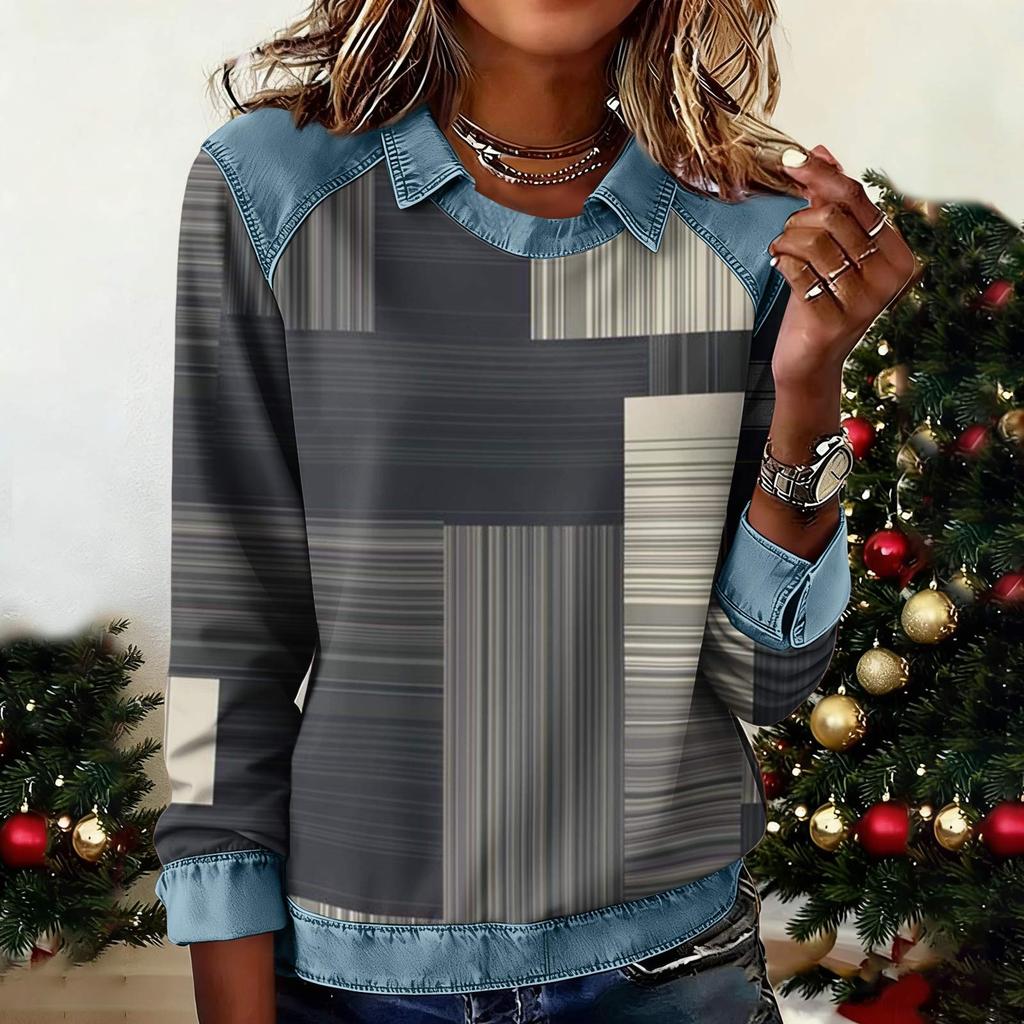 Damenmode Ausgestelltes Langarm Denim Patchwork Sweatshirt Mit Aufdruck Lässiger Pullover Top