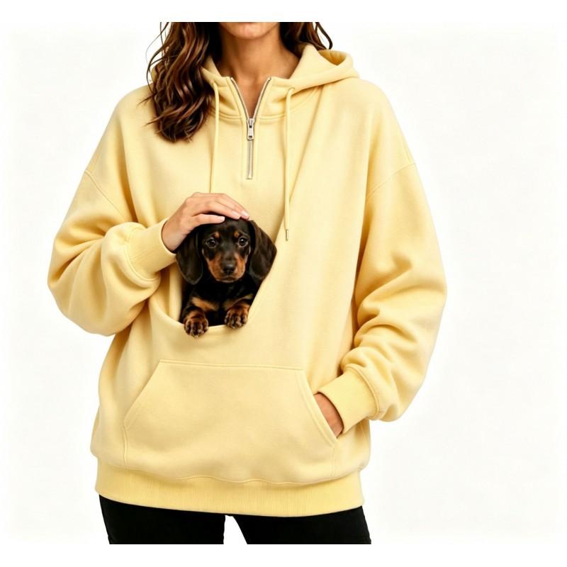 Womens Half-Zip Hooded Sweatshirt With Pet Pocket Loose Fit Fall Winter Top Small Dogs