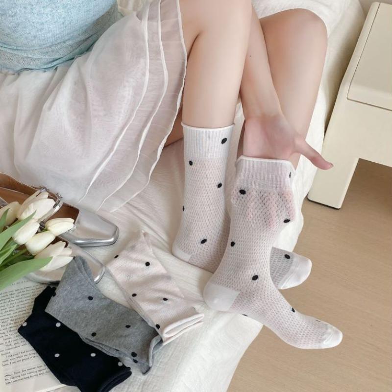 Polka Dot Socks, Women's Mid-calf Socks, Trendy Summer Thin Cotton Student Mesh Breathable Rolled-up Long Socks