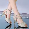 Fashion 2025 Summer Ankle-wrap Women's Modern Sandals Print Rivet Buckle Strap Dress Sandals Thin Heels Peep Toe Shoes Party Outfits