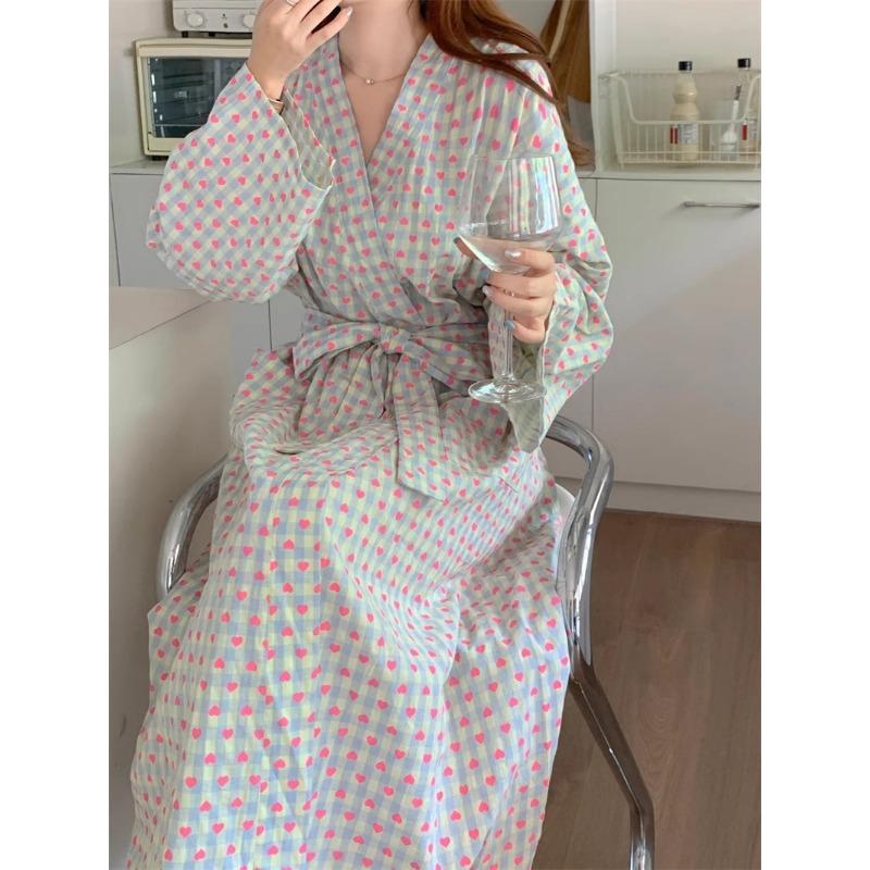 Bathrobe Women's Bathing Plaid Loose Long Sleeve Long Kimono V-neck Lace Up Trousers Nightgown Sexy Robe