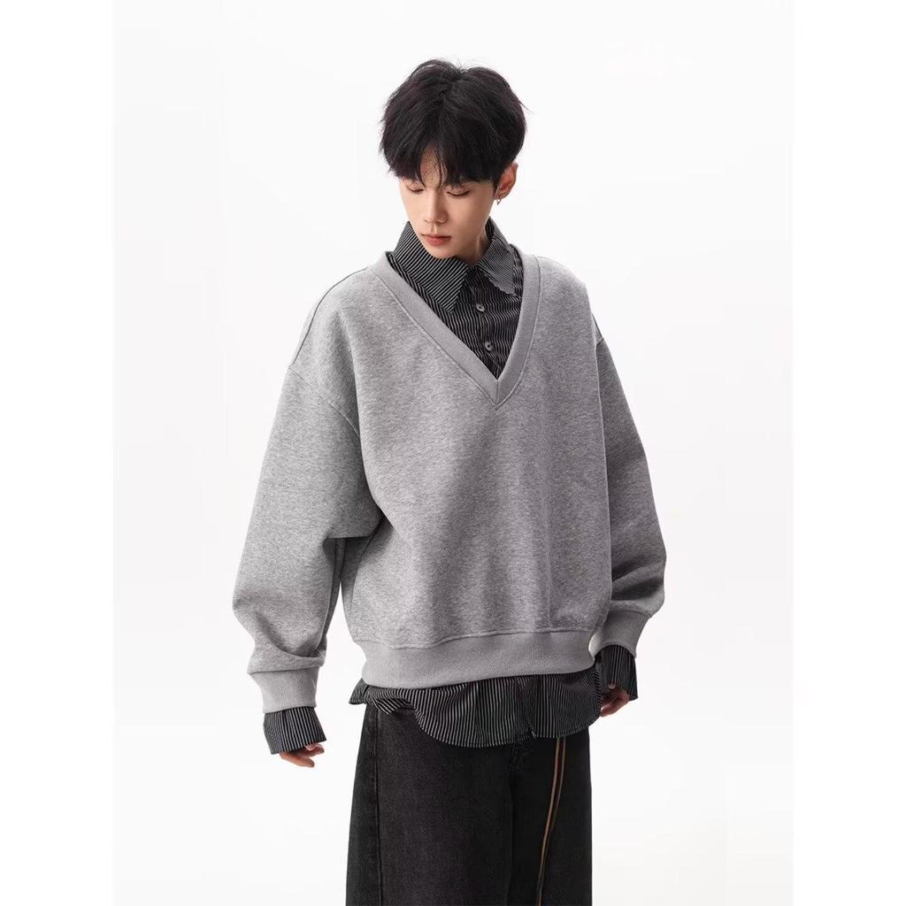 Autumn Faux Two-Piece Hoodie - Unisex Korean Style Loose Pullover with Shirt Collar