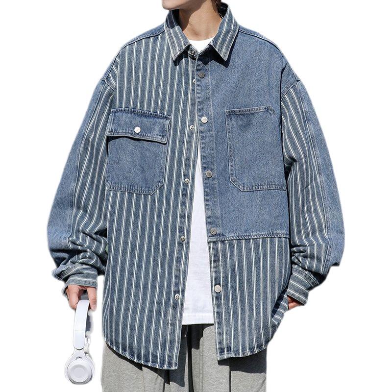 Herrjacka Vår/Höst Randig Lapptäcke Denimjacka - Trendig, Cool, Lös Passform, Tvättad Arbetskläder i Amerikansk Hong Kong-stil.