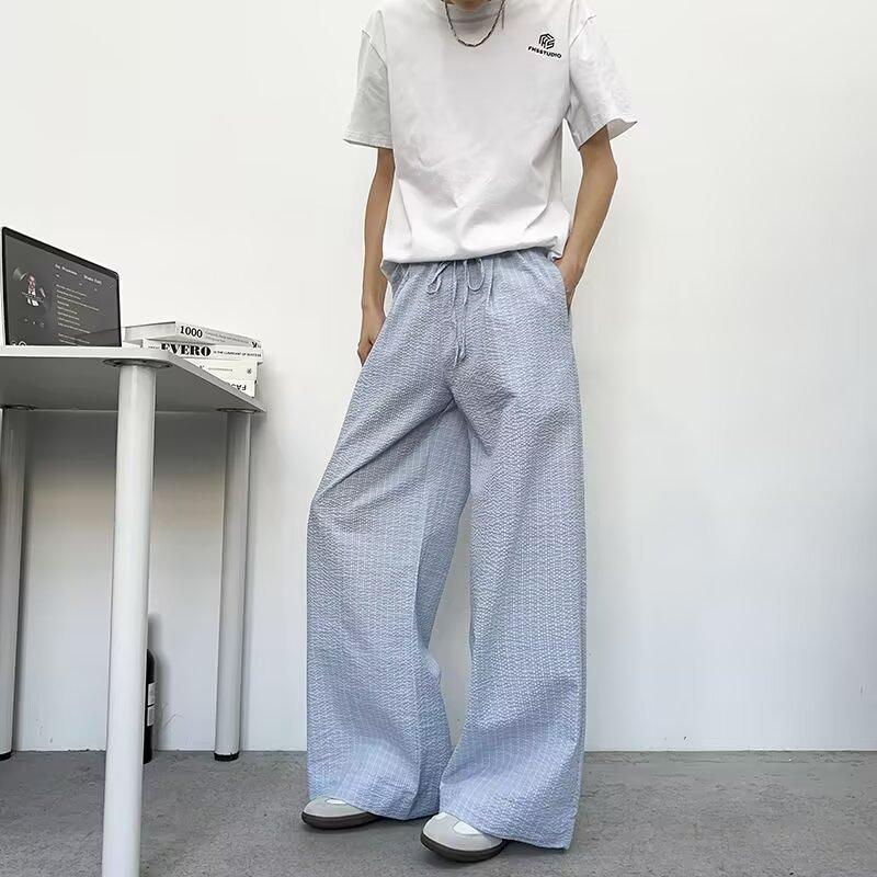Summer thin plaid casual pants boys trendy brand loose drape straight trousers lazy wind mopping pants