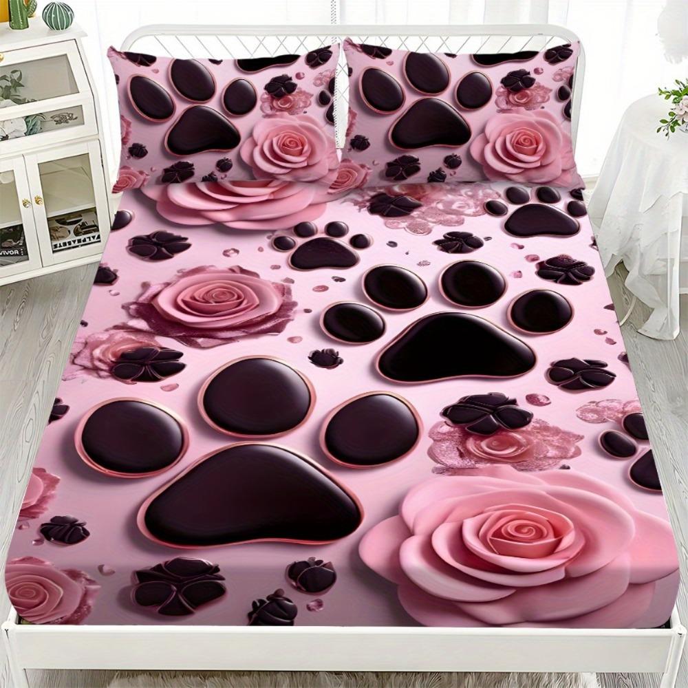 1pc Grey Fitted Sheet Red Rose Flowers Butterfly Print 100% Polyester Cover Breathable Bedding Set Home Decor Without Pillowcase