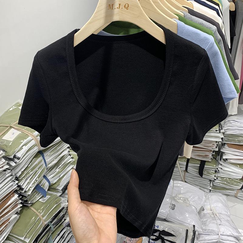 Pure Desire Chic U-Neck Navel-Exposing T-Shirt - Sexy, Tight, Elastic Short-Sleeve Top for Women