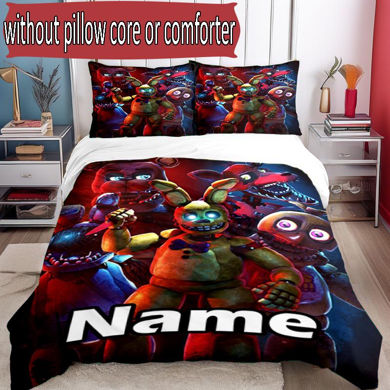 3pcs Duvet Cover Set (1*Duvet Cover + 2*Pillowcase, Without Core), Custom Name Five Nights At Freddy's Pattern Bedding Set, Home Bedroom Decor Gift
