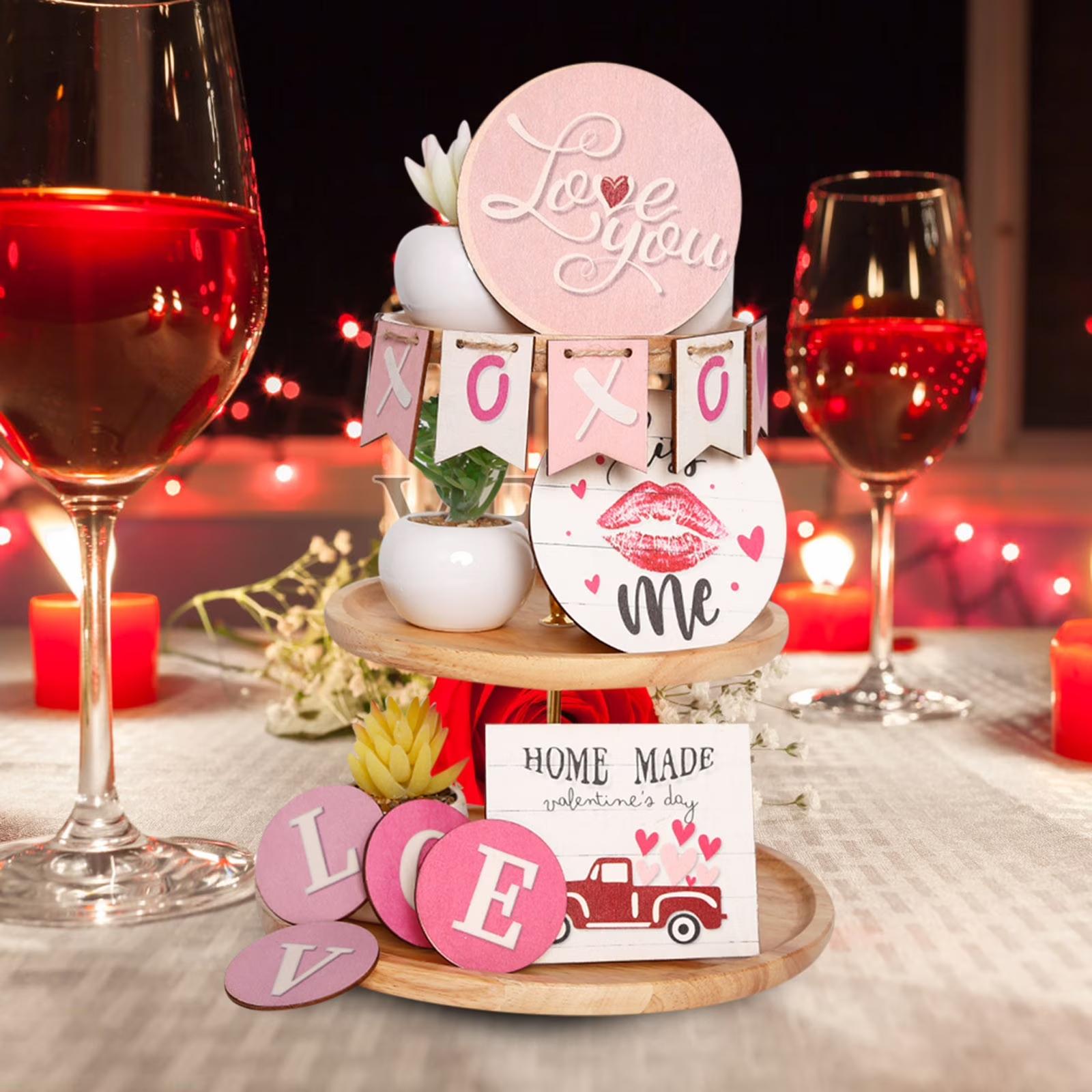 

Valentine Day Decor Romantic Wooden Tiered Tray Ornament Chic Love Themed Tabletop Party Prop XOXO Lip Print Home Accent