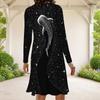 Women Plus Size Round Neck Long Sleeve A Line Flared Hem Black Printed Dress