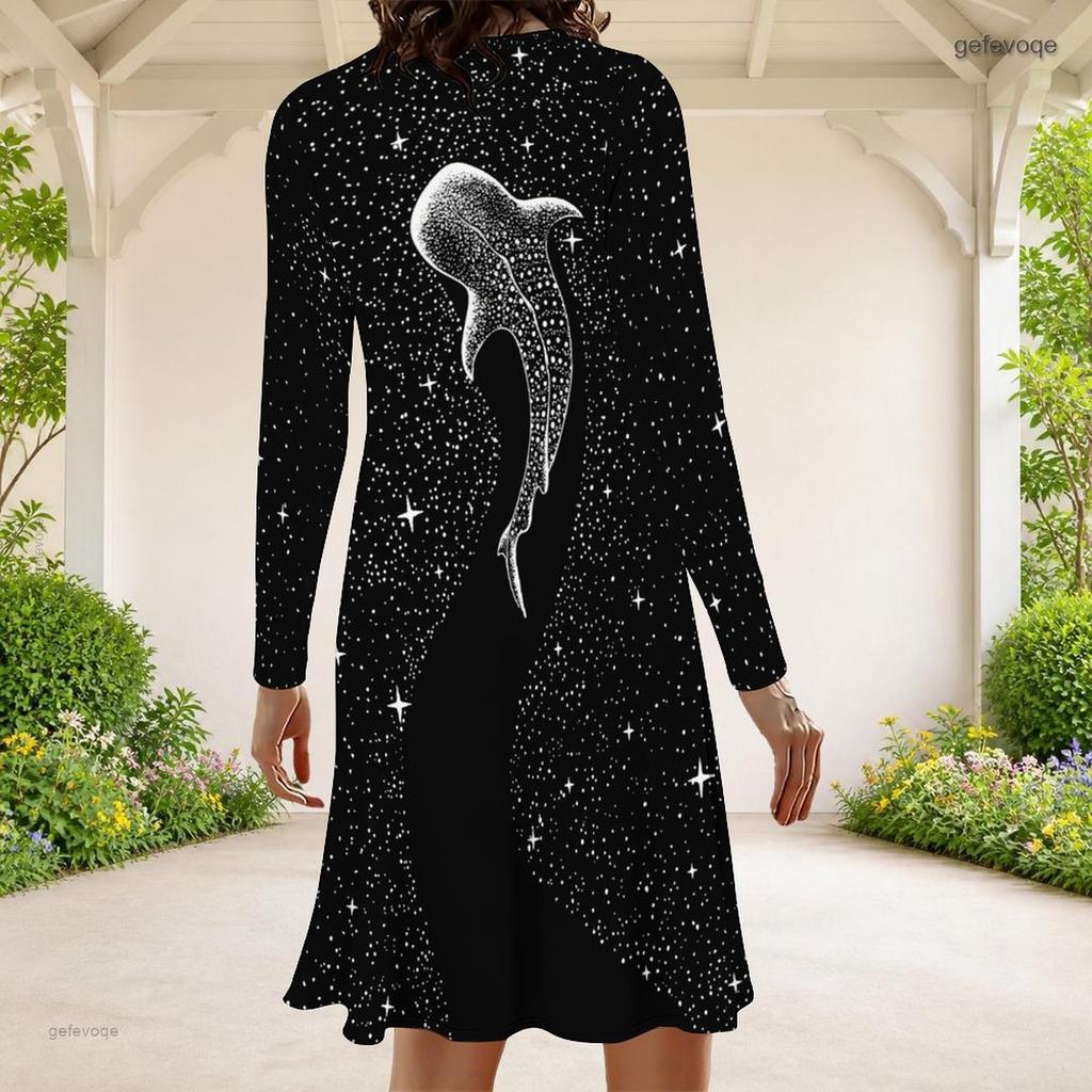 Women Plus Size Round Neck Long Sleeve A Line Flared Hem Black Printed Dress