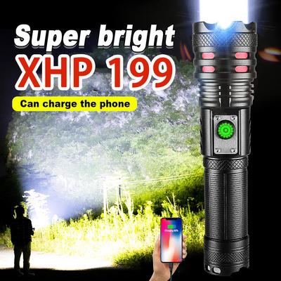 Portable Flashlight Power Output Torch XHP199 LED Light Rechargeable Torch Light Zoomable Lamp Waterproof Flash Light