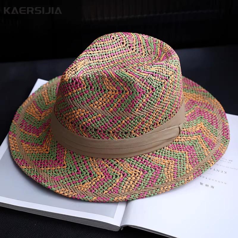Nuovi Cappelli da Sole Arcobaleno all'Uncinetto Fatti a Mano per Donne Cappello di Paglia Cowboy con Nastro Cappello Panama a Tesa Larga Pieghevole Impacchettabile Cappello da Spiaggia