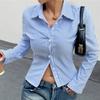 Women Shirt spring Autumn Polo Neck blue stripe button Long Sleeve Workwear Office Lady Casual slim Cardigan Blouse short Shirts
