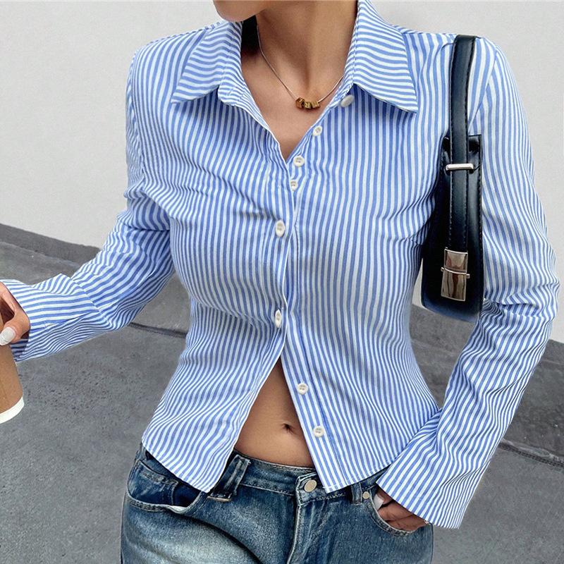 Women Shirt spring Autumn Polo Neck blue stripe button Long Sleeve Workwear Office Lady Casual slim Cardigan Blouse short Shirts