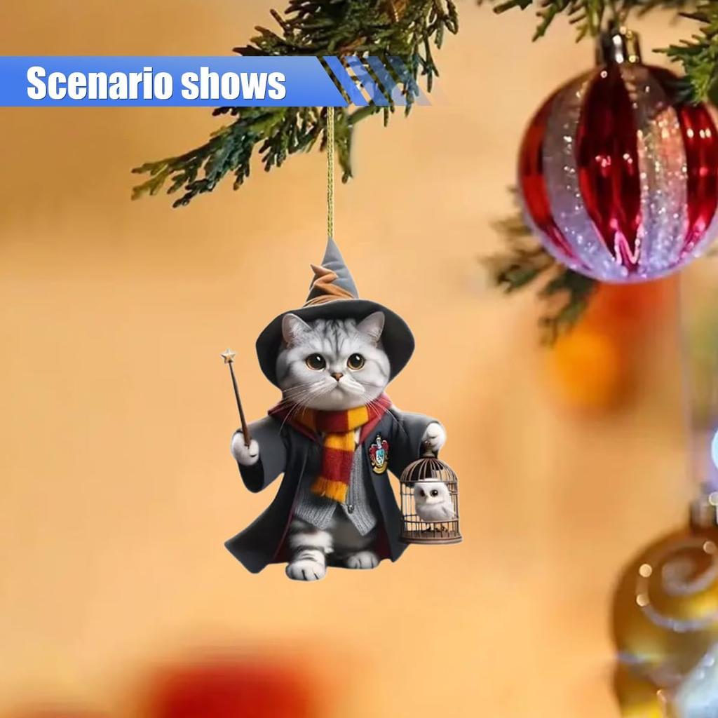 Magic Cat Car Rearview Mirror Accessories, 2D Flat Acrylic Pendant Car Rear View Mirror Charm, Christmas Tree Hanging Ornament, Car Interior