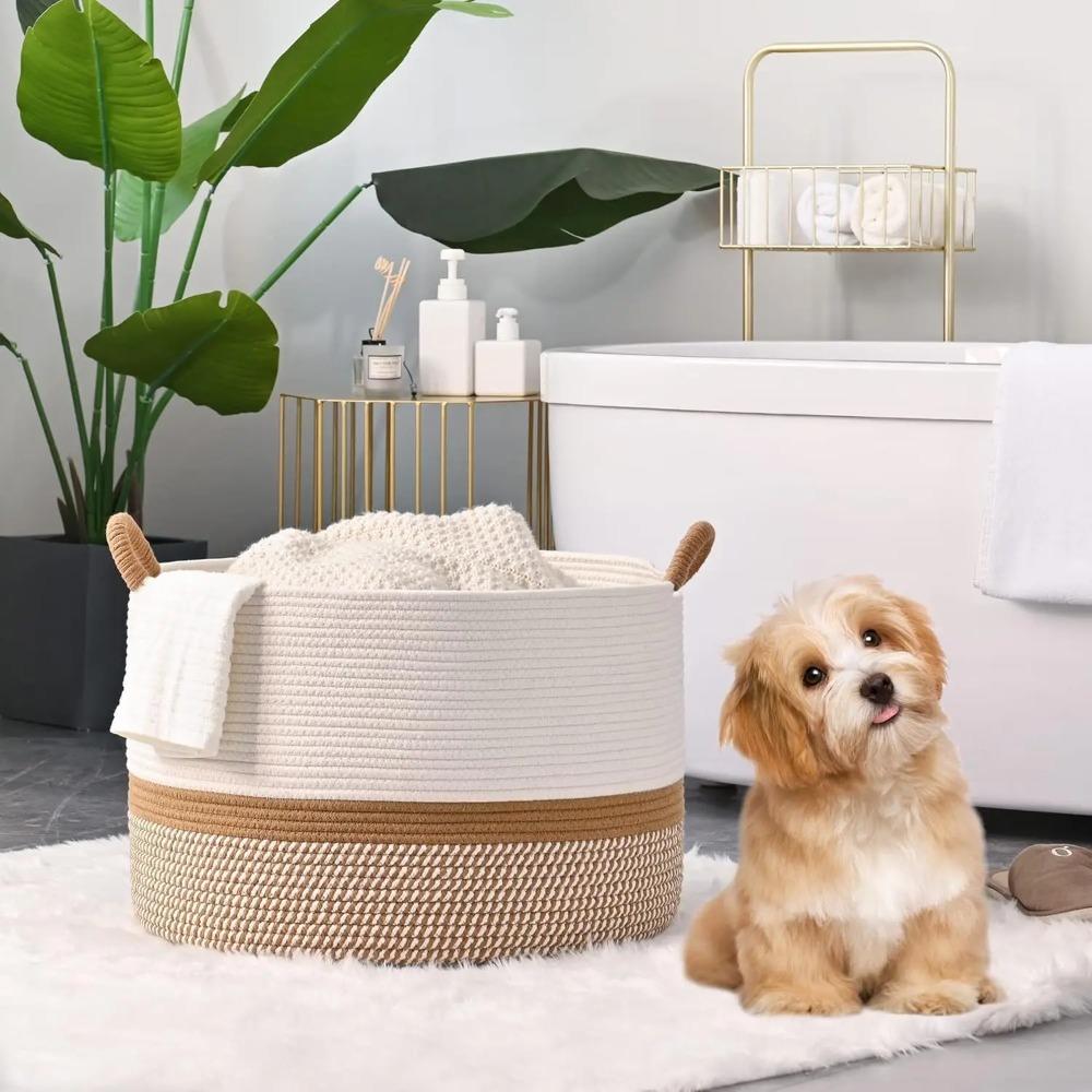 Large Blanket Basket,Woven Baskets for Storage Baby Laundry Hamper, Cotton Rope Blanket Basket for Living Room, Laundry