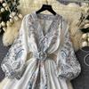 Summer Women Vintage Lond Dress Fashion Print A Line Ruffled Elegant Floral Party Dress Ladies Long Sleeve Long Woman Dresses
