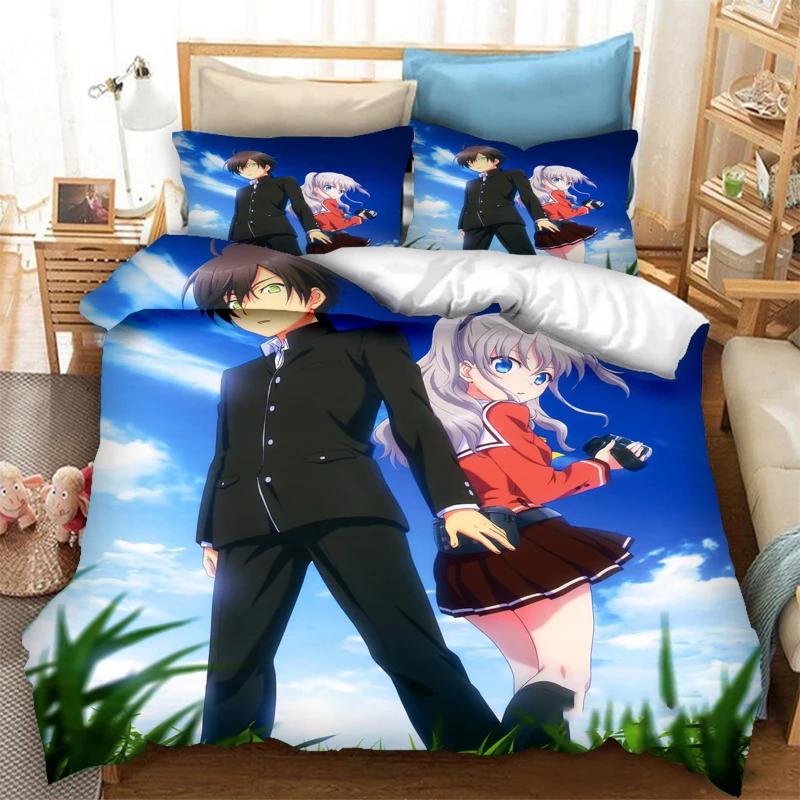 3 Stück einseitig bedruckte Bettbezüge Anime Charlotte bedruckte Bettwäsche-Sets Bequeme Tagesdecken Steppdecken Bettdecken Geburtstagsgeschenk