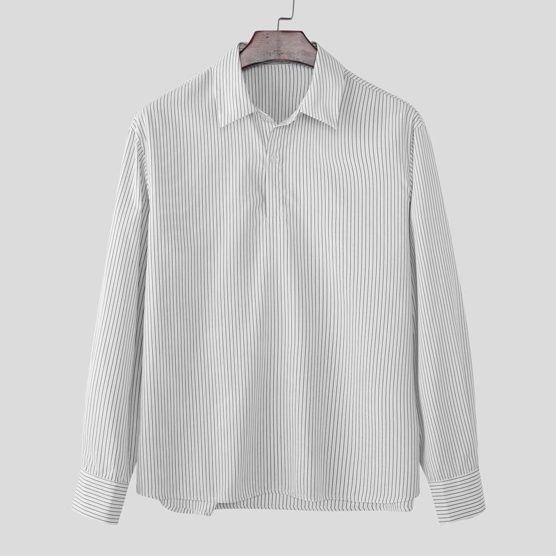 INCERUN Men Lapel Neck Long Sleeve Striped Button Up Casual Shirts Tops S