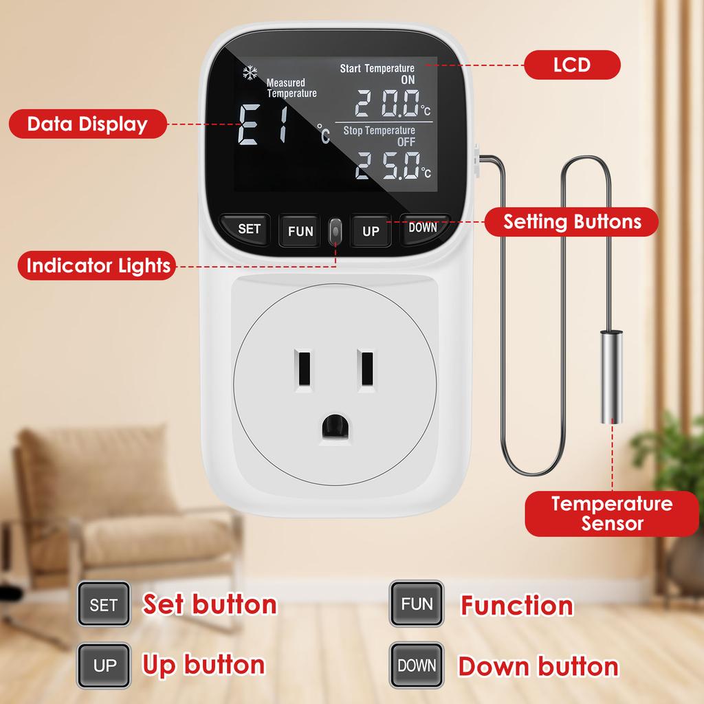 Digital Temperature Controller Socket Thermostat US Plug with Timer Switch Heating Cooling Control for Aquaculture Warming Boxes