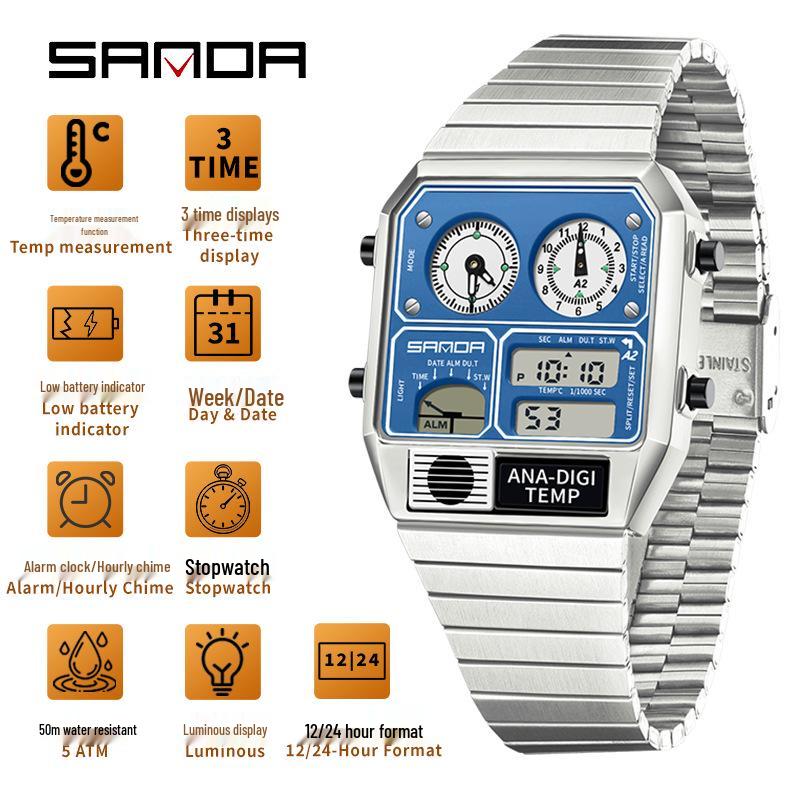 Sanda Men's Multi-Function Square Steel Band Watch with Temperature Measuring and Stopwatch Timer