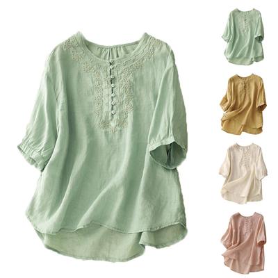 Women's Cotton And Linen Round Neck Embroidered Loose Five-quarter Sleeve Top