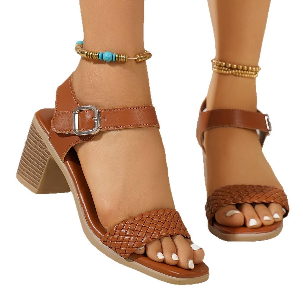 Fashion Bohemia Ethnic Weave Straps Sandals Women Square Toe High Heels Sandals Women 2025 Summer Casual Beach Ankle Strap Shoes