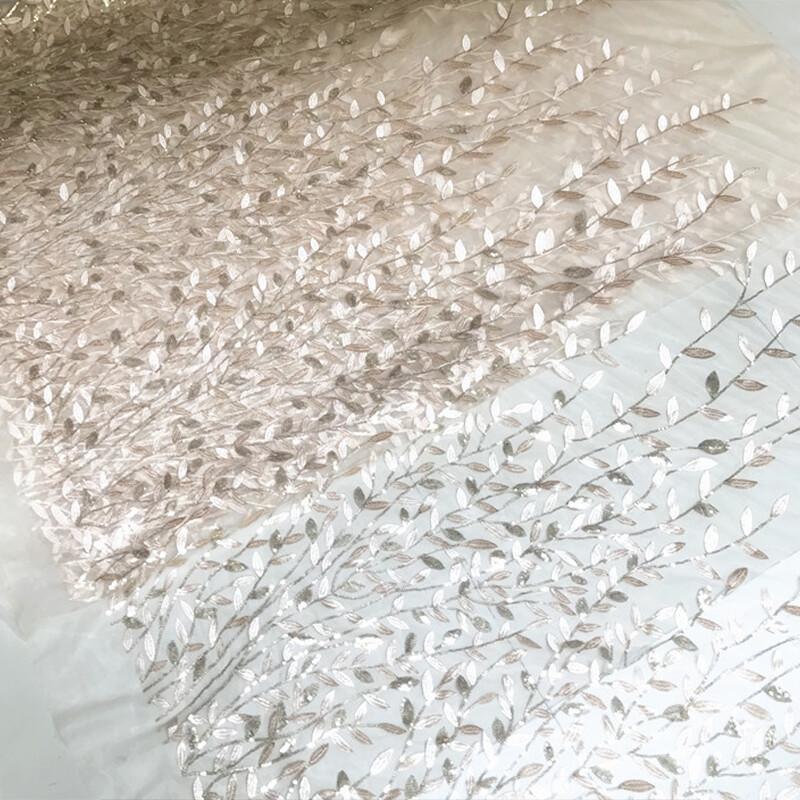 Champagne Shining Sequin Cloth Tree Leaf Embroidered Fabric Dress Material DIY Gowns Wedding Veil Clothing Supplies