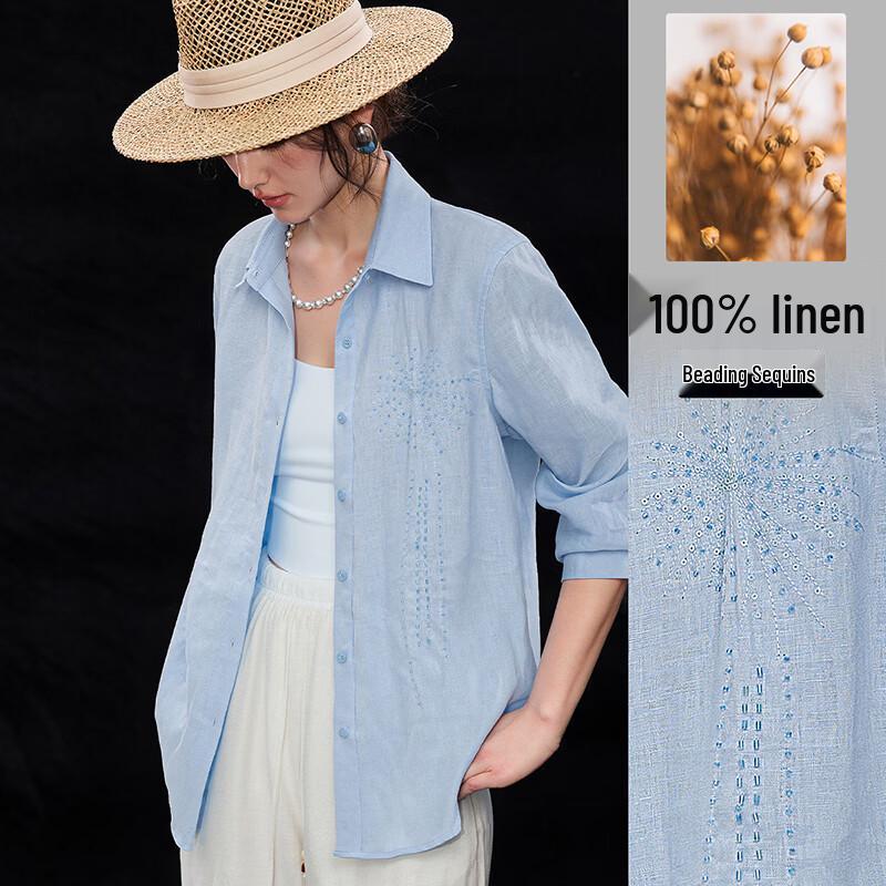Elegant French Chic Beaded 100% Linen Shirt L светло-синий