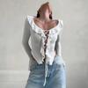 Ruffle Edge Splicing Lace-up Short Shirt Sexy Strap Tie Spicy Girl Top Long Sleeved Solid Color Falred Long Sleeve T-shirt Streetwear Slim Fit Blouse