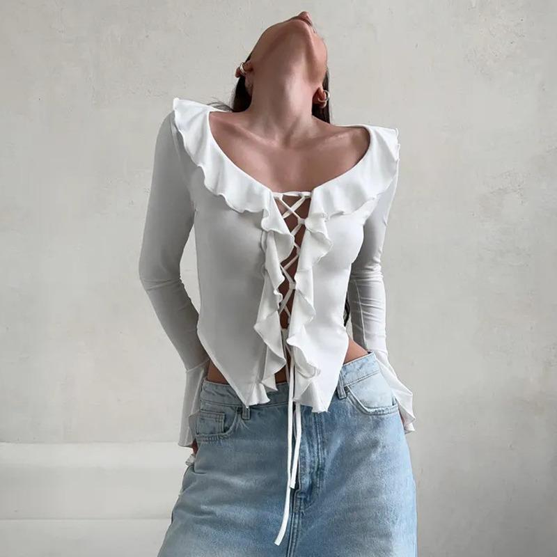 Ruffle Edge Splicing Lace-up Short Shirt Sexy Strap Tie Spicy Girl Top Long Sleeved Solid Color Falred Long Sleeve T-shirt Streetwear Slim Fit Blouse