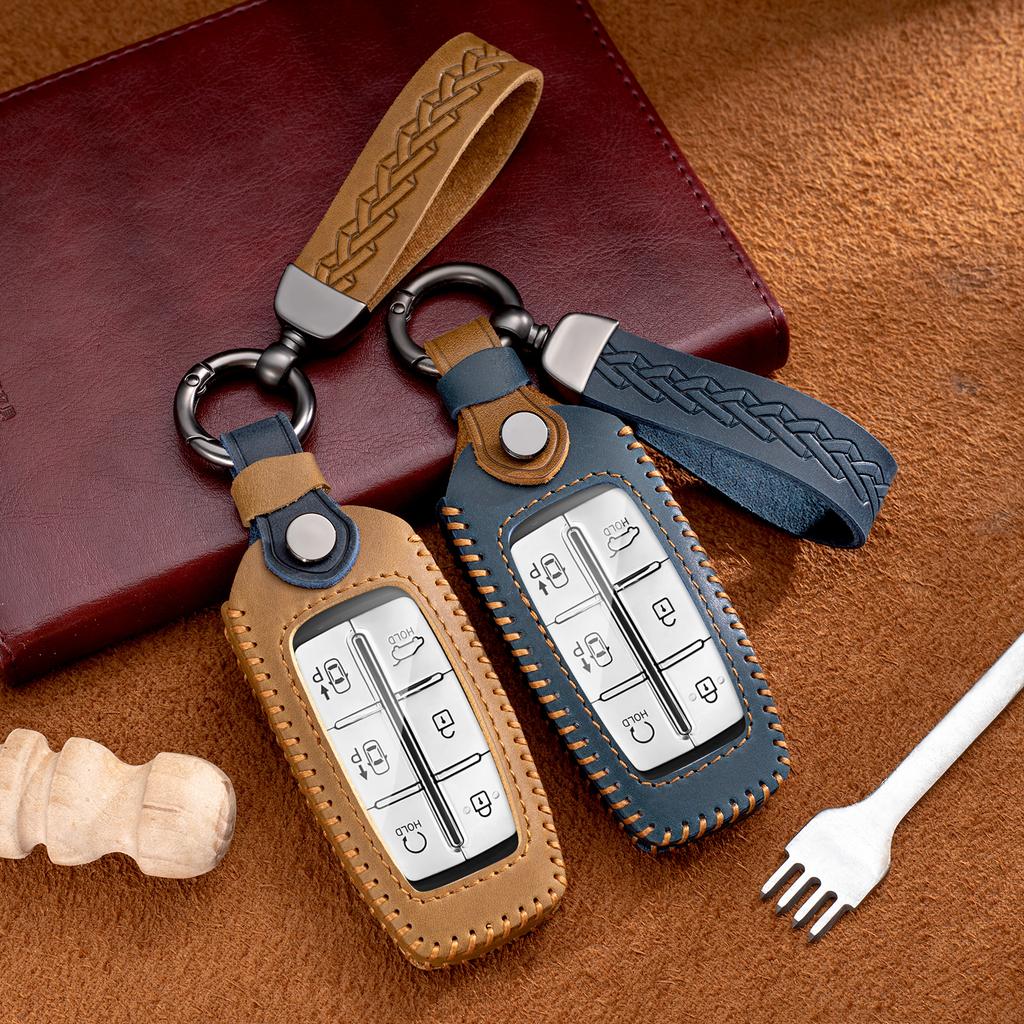 Leather Key Case Cover For Hyundai Genesis G70 G80 G90 Gv70 Gv80 - Smart Remote Key Shell 6 Buttons Protective Pouch Bag