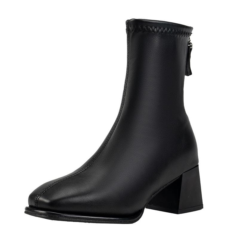 Foreign Trade Autumn and Winter New Square Head Thick Heel Short Boots Rear Zipper Versatile British Style Martin Boots Women's Thin High Heel Leather
