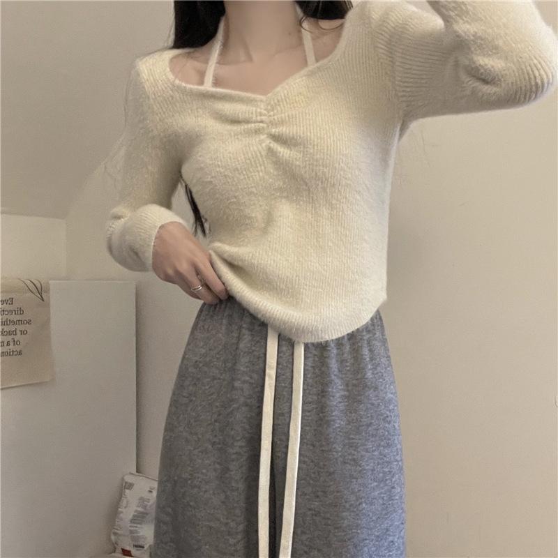 

Трикотаж с длинными рукавами для женщин, новый осенне-зимний стиль, чистый стиль, свисающий воротник, ремешок внутри, с базовой рубашкой, студенческий топ One size