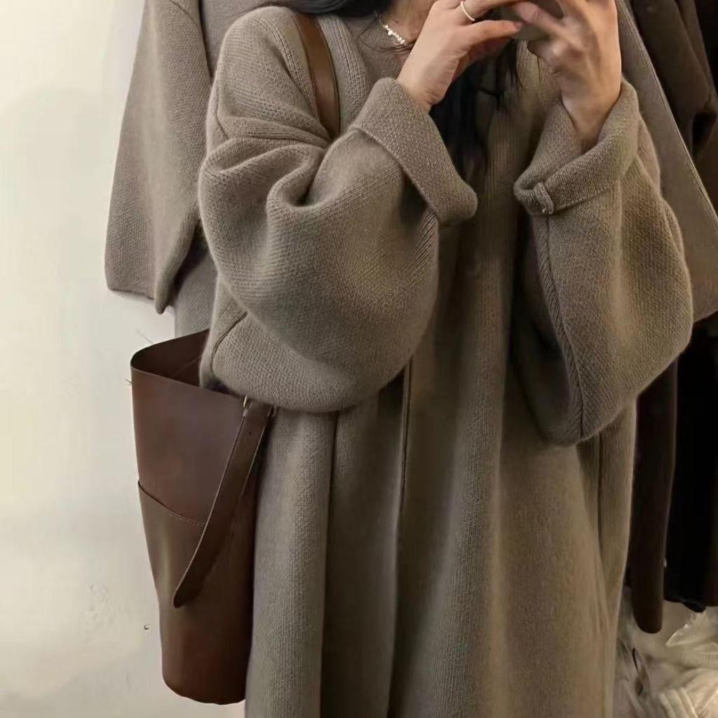 Cárdigan de punto oversize de longitud media para mujer - Color liso, ajuste holgado, por encima de la rodilla para Otoño e Invierno